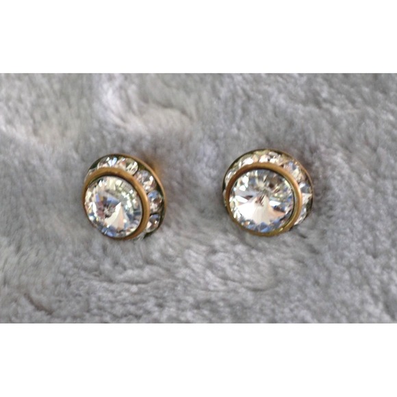 Silver Toned Metal Pierced‎ Stud Earrings with Clear Rhinestones 1.5" - Picture 10 of 16
